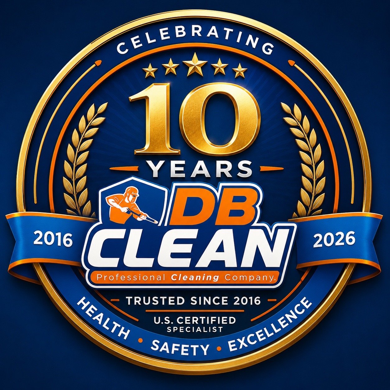 D.B. Clean242 badge celebrating 10 years, 2016 to 2026 — Health, Safety, Excellence, trusted since 2016