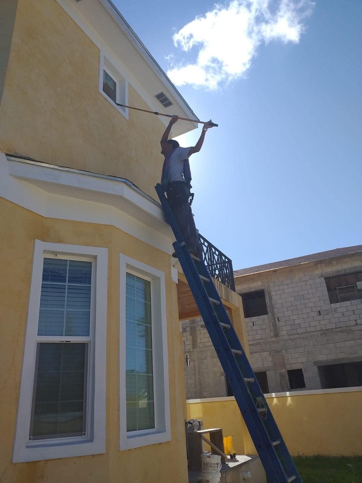D.B. Clean242 technician on a ladder cleaning the eaves and fascia of a home
