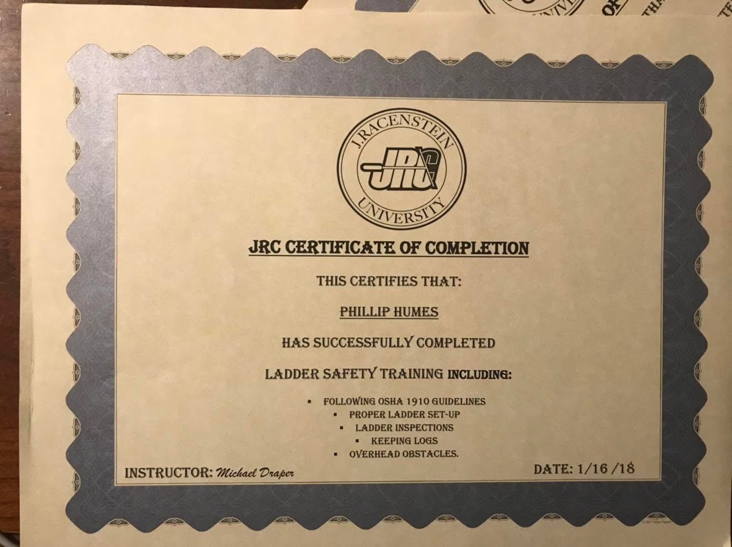 J. Racenstein University certificate — Ladder Safety Training following OSHA 1910, awarded to Phillip Humes