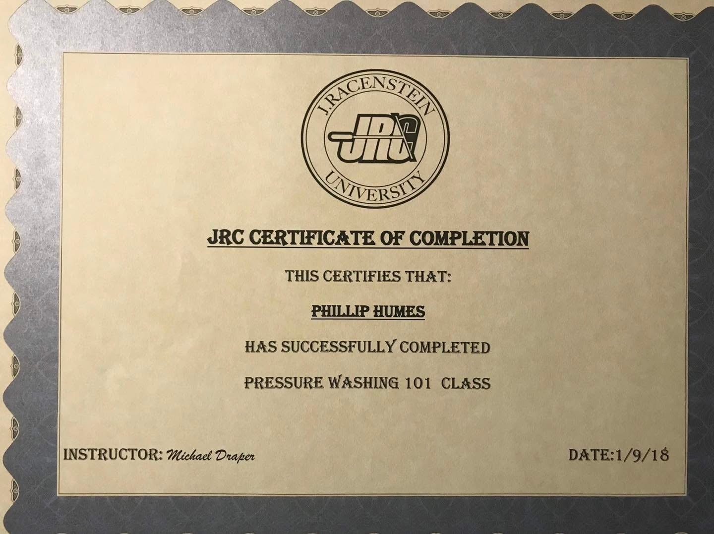 J. Racenstein University certificate — Pressure Washing 101, awarded to Phillip Humes