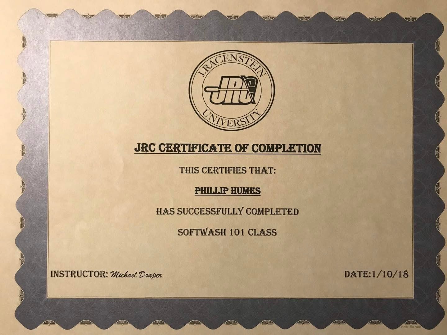 J. Racenstein University certificate — Softwash 101, awarded to Phillip Humes