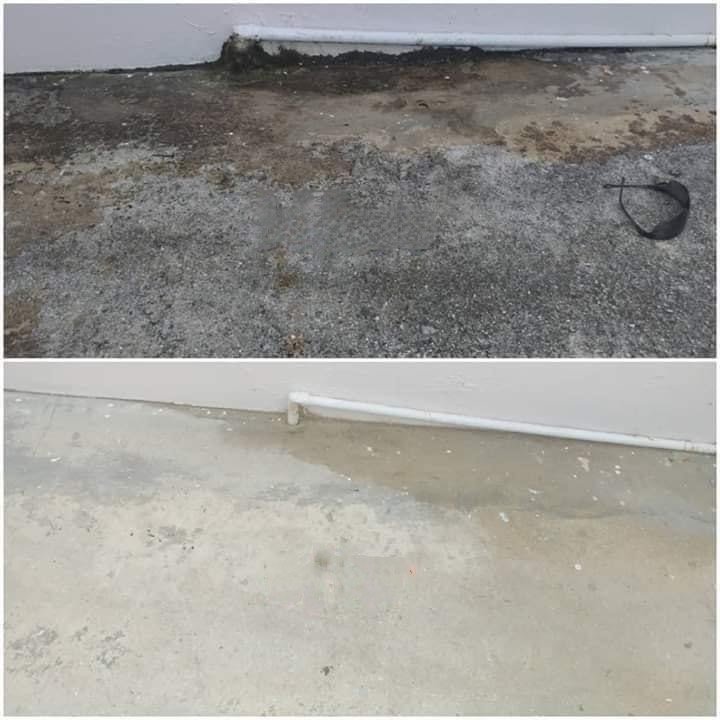 Before and after of a concrete floor — heavy black organic buildup pressure washed to clean concrete