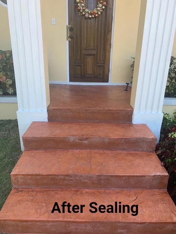 The same stamped concrete steps with rich, deep colour after D.B. Clean242 concrete sealing