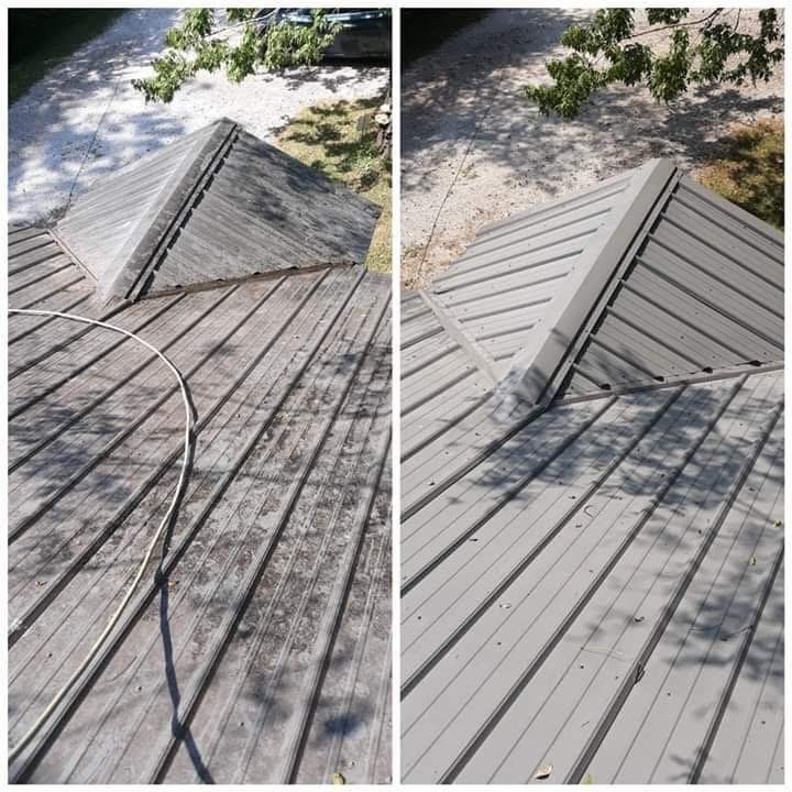 Before and after of a standing-seam metal roof — algae and grime removed to restore the finish