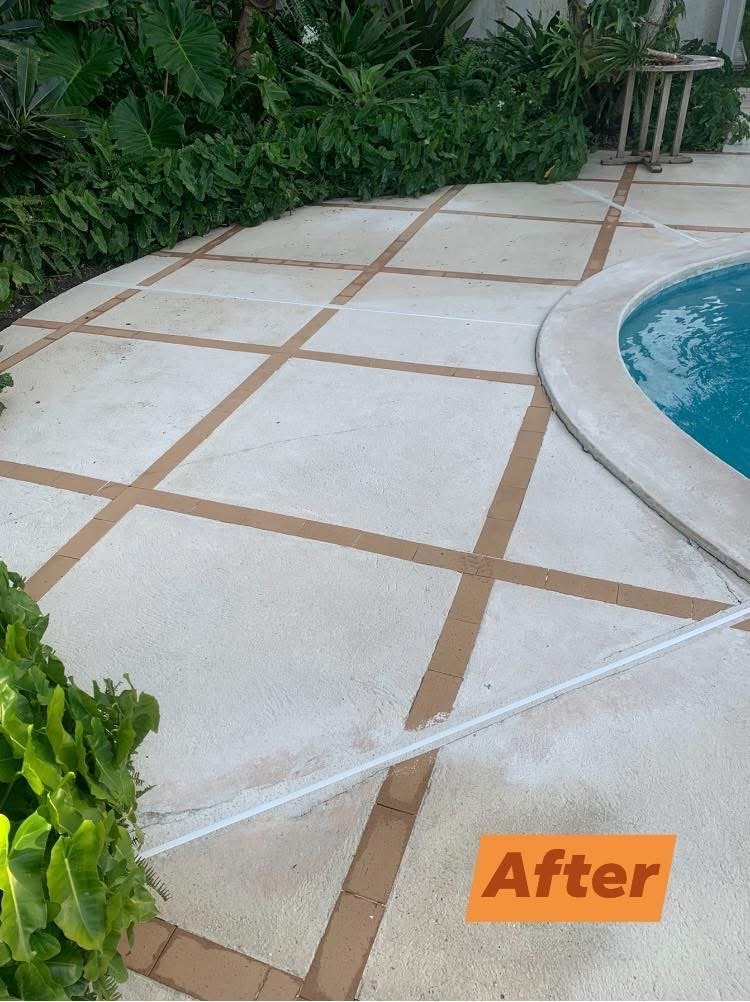 Slip-free, algae-free pool deck after D.B. Clean242 pressure washing