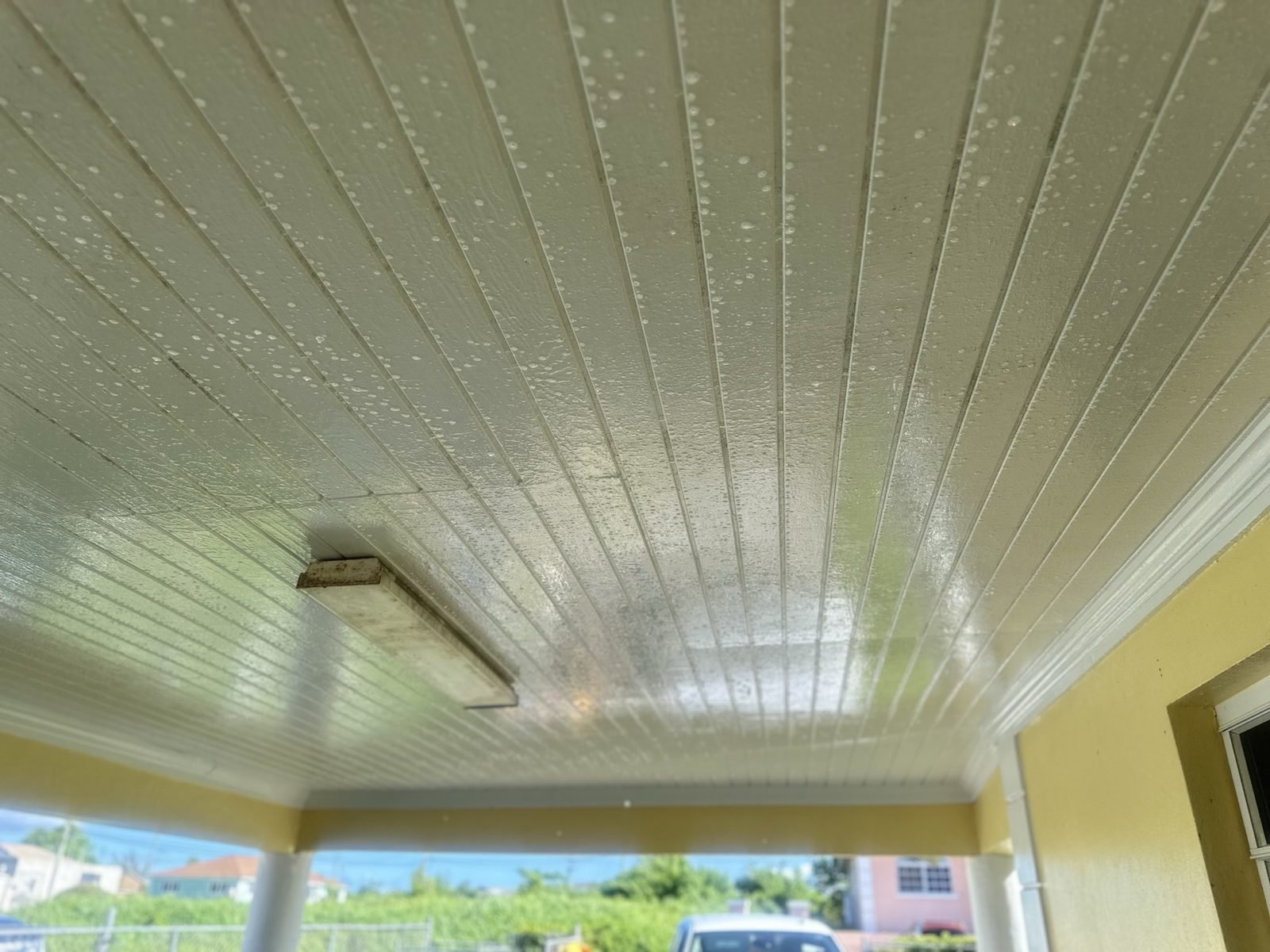 Porch ceiling clean and mildew-free after D.B. Clean242 soft washing