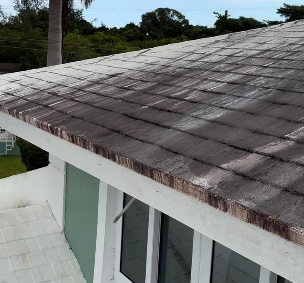 Residential shingle roof in Nassau darkened with black algae streaks and stained edges before D.B. Clean242 soft washing