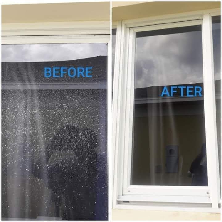 Before and after of a home window — salt spray and grime removed for streak-free glass