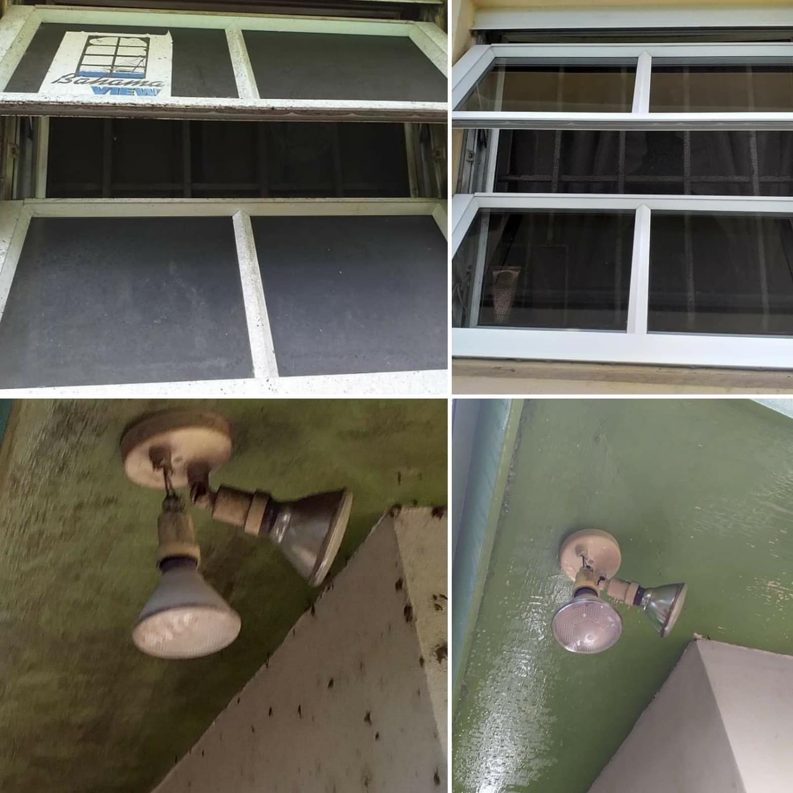 Before and after of jalousie windows and a light fixture — grime and organic growth removed